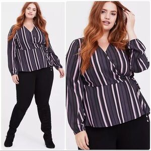 Torrid Purple Stripe Crepe Wrap Crop Blouse Top Long Sleeve Plus Size 2